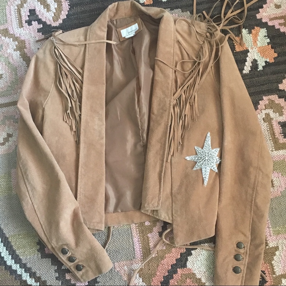 psych rock suede tan western fringe jacket small